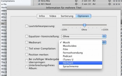 Screenshot von iTunes auf dem Mac - unter den "Optionen" den Medientyp "Hörbuch" einstellen