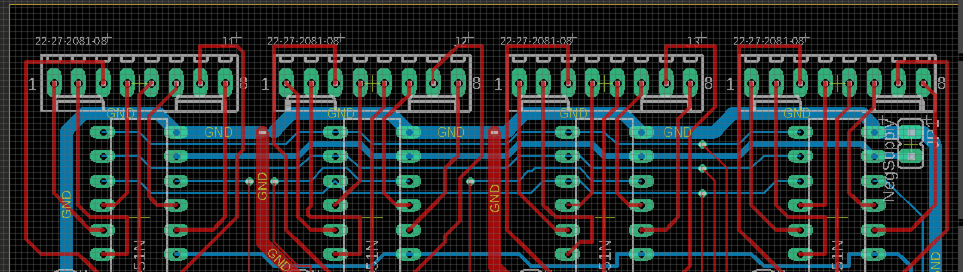 PCB layout in the CAD view, with red and blue transparent signal layers