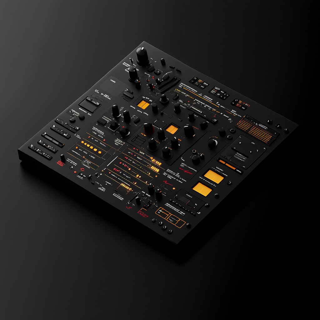 A black, square computer device very much like the original Digitakt but with a lot of knobs and buttons with illegible writing