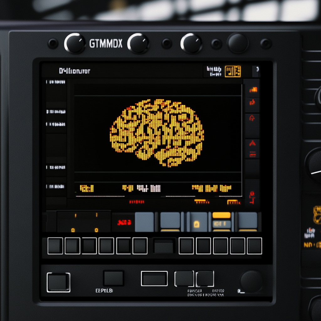 A pixelated black/amber display showing a stylized brain, some buttons and knobs around it, illegible writing; the machine is named 