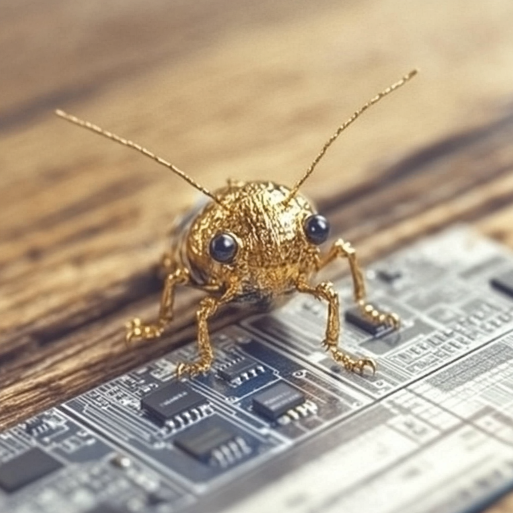 A cute golden bug akin to a cricket looking above the edge of a circuit board