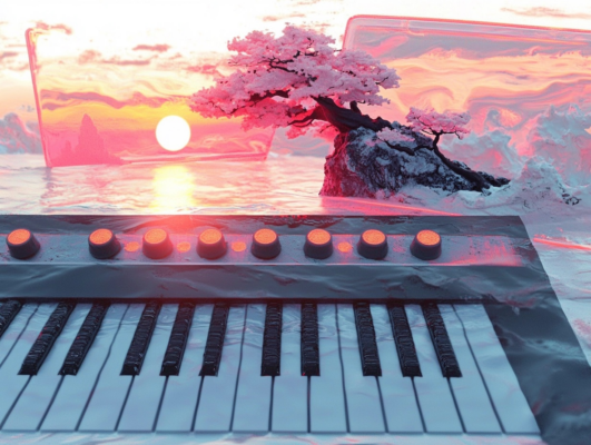 An AI-styled image of a Yamaha Reface CP keyboard in front of a Vapourware cloudscape with a setting sun and a Japanese cherry tree in full blossom