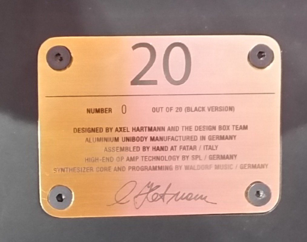 Copper plaque with Hartmann's signature stating that is number 0 of only twenty "20" black-version synths ever built.