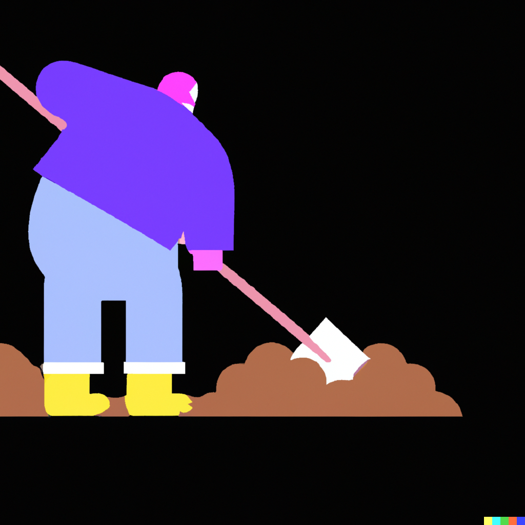 "a picture of a worker shovelling dirt in the style of a 90s website gif". Generated by OpenAI's Dall-E2 AI.