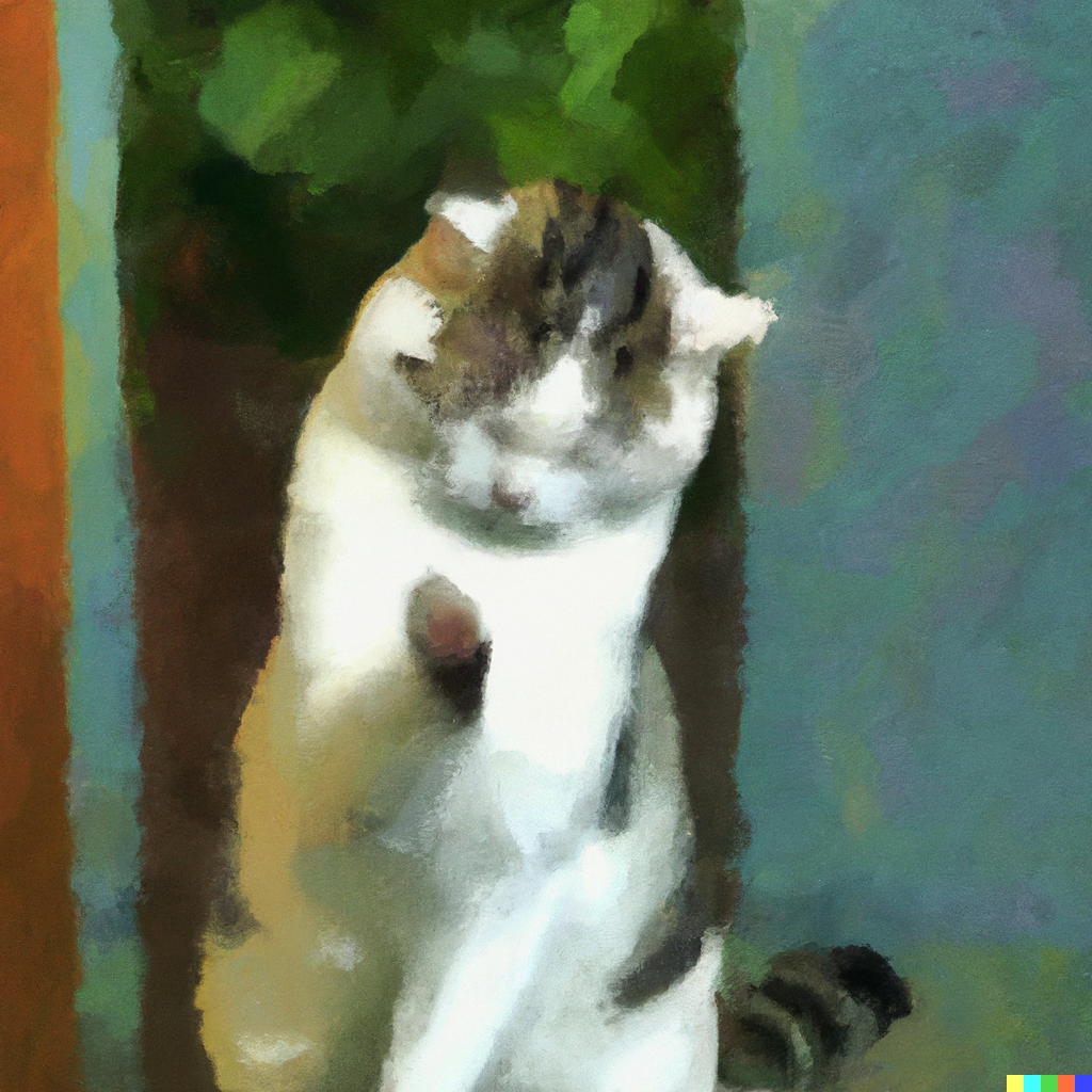 "a cat apologising to an audience, in the style of an impressionist painting."